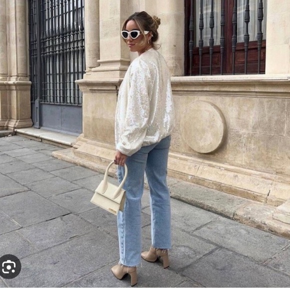 Zara Sequined Bomber Jacket In Beige Size Small - Picture 4 of 15